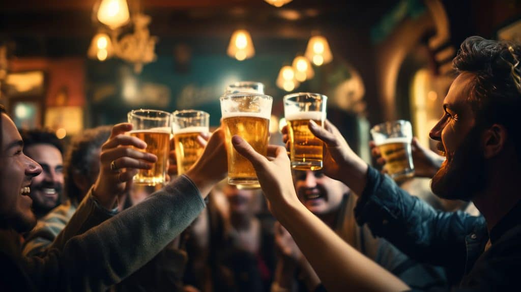 friends celebrating with pub drinks
